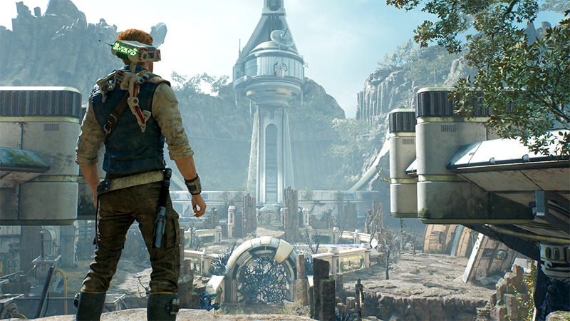 Entertainment Cal Kestis of Star Wars Jedi: Survivor standing in front of a town.