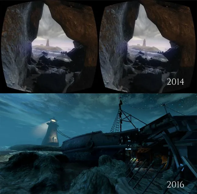 An old screenshot of the beach scene, compared to its radically redesigned final version