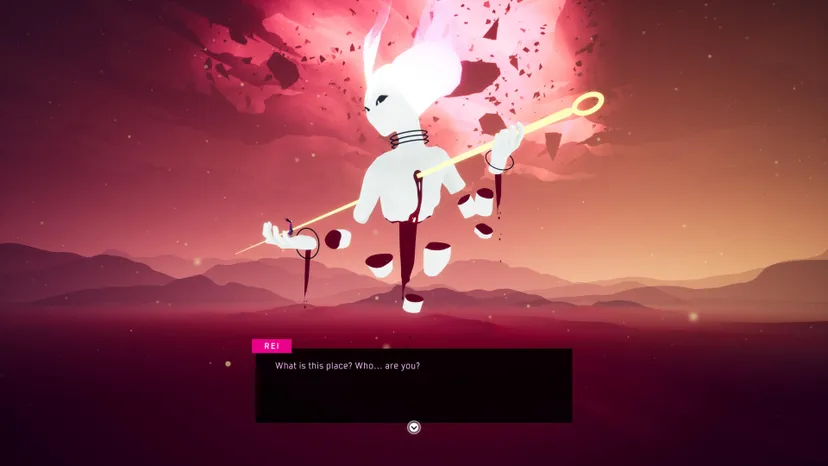 A Solar Ash screenshot. A grey, feminine alien with missing parts of her arms and body floats in the center of a desert scene. A text box from the character 