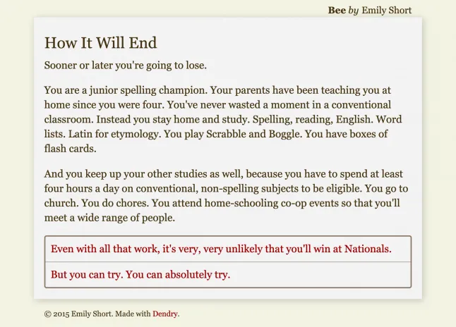 Screenshot from Emily Short's Bee.