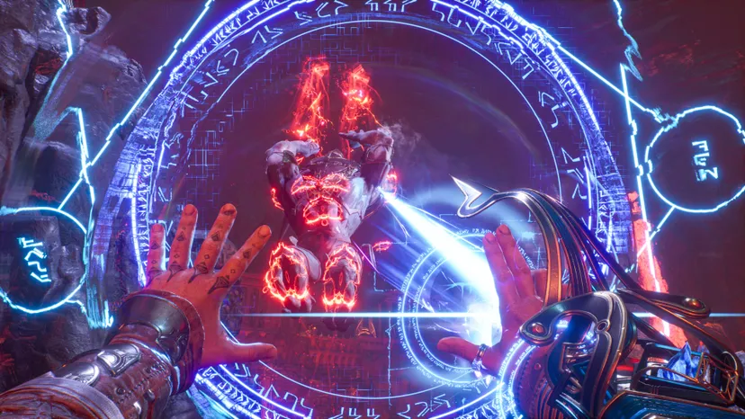 A screenshot of Immortals of Aveum's gameplay. The player casts spells in a first-person view against a muscled demon.