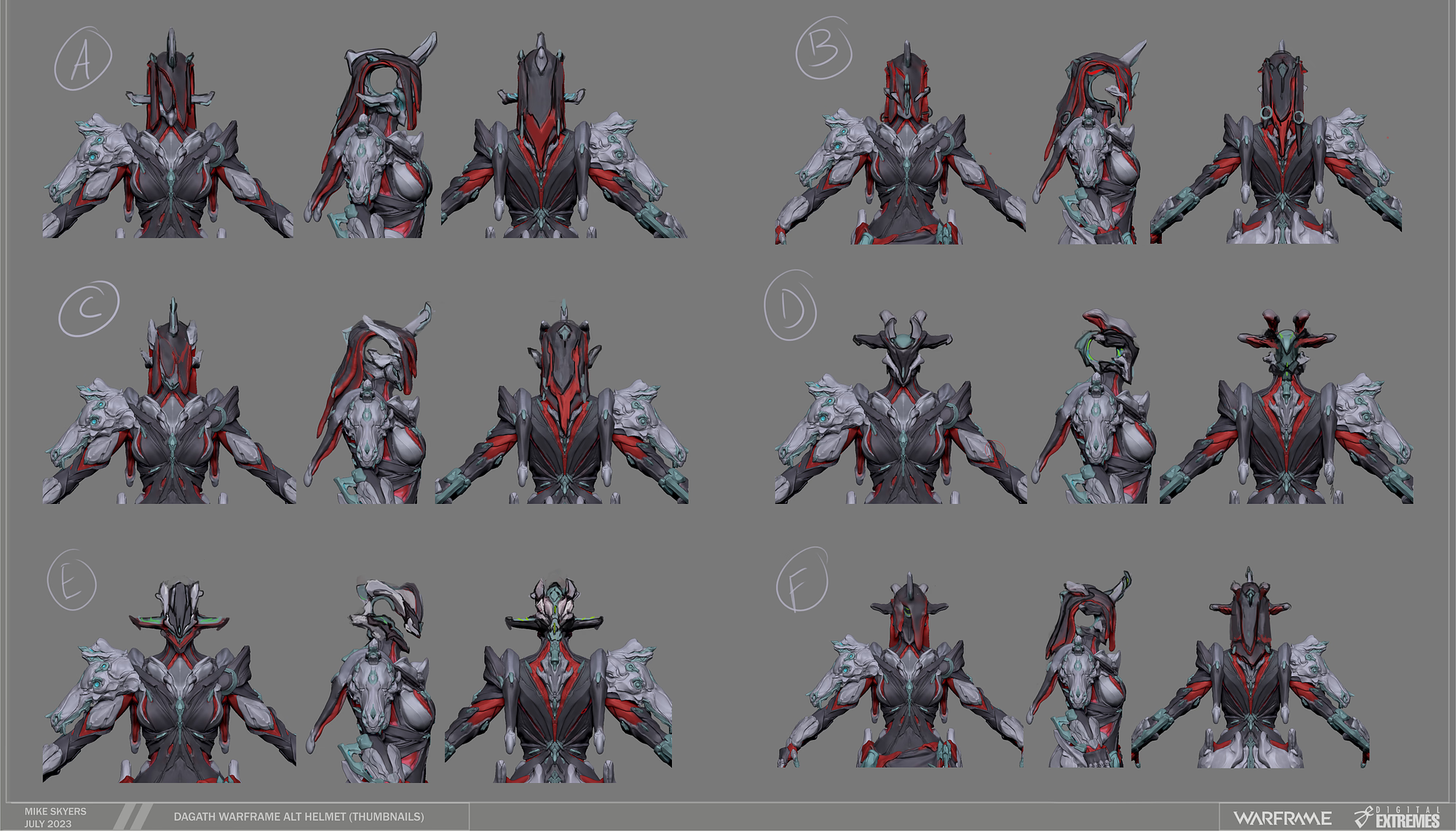 Six iterations on Dagath's warframe design. Some have a hole for a face, others do not.