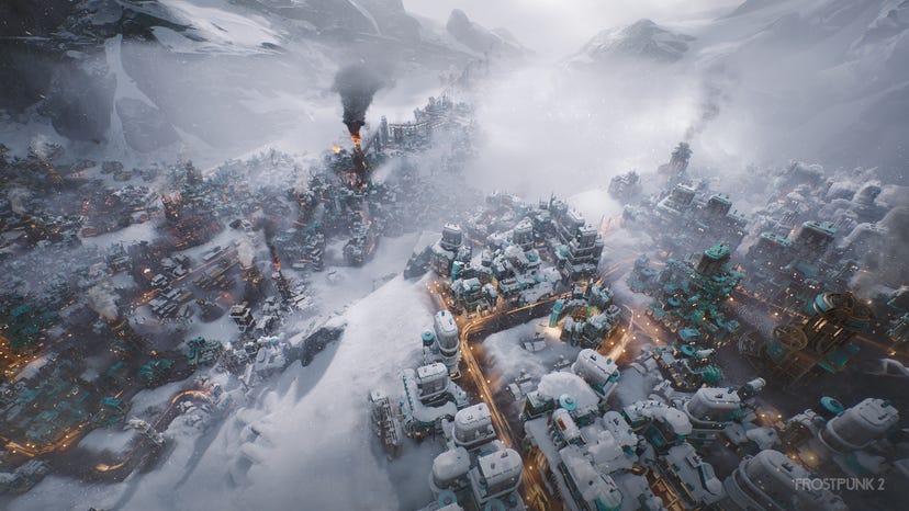 Frostpunk 2 screen showing a city in the frozen depths