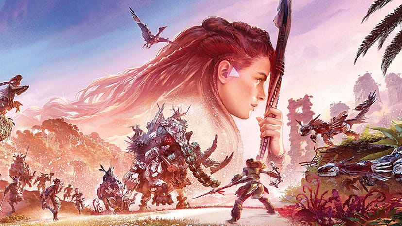 Horizon Forbidden West protagonist Aloy aims her bow at a machine