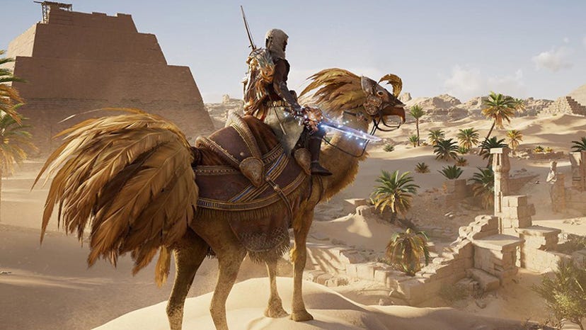 Artwork of Assassin's Creed Origins hero Bayek riding a Chocobo in Ancient Egypt.