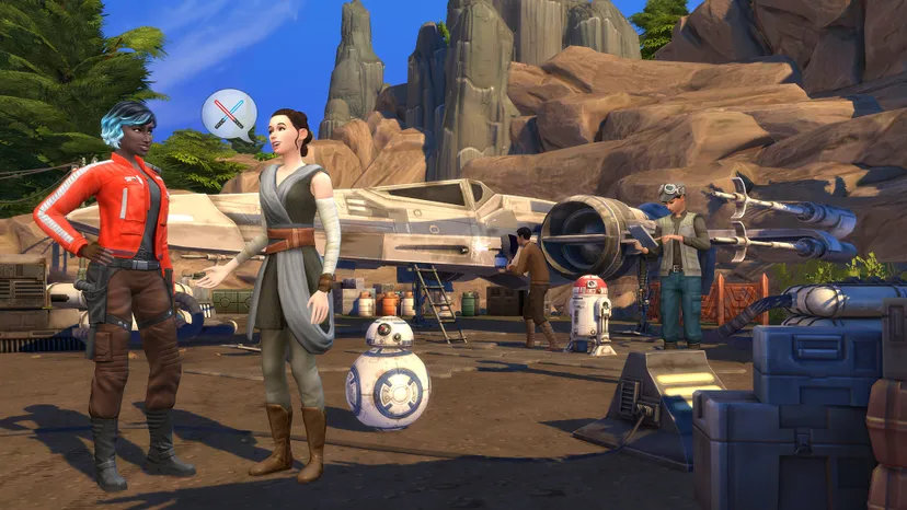 The Sims™ 4 Star Wars™: Journey to Batuu Oyun Paketinden bir Ekran Görüntüsü.  Rey, Vi Moradi ve diğer karakterler ve droidler bir T-70 X-Wing'in önünde duruyor.