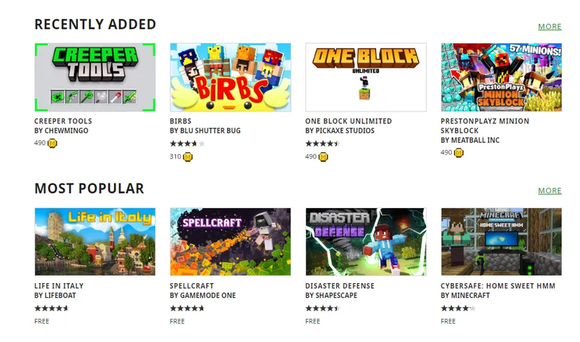 A sampling of Minecraft marketplace offerings.