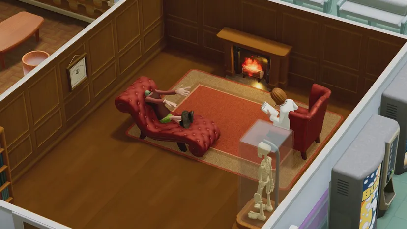 A screenshot from Two Point Hospital. A doctor counsels a patient with a too-shrunken head.
