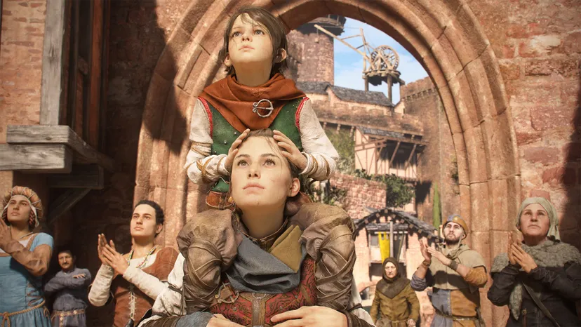 A Plague Tale: Requiem protagonists Amicia and Hugo wander through a crowd—Hugo is on Amicia's shoulders.