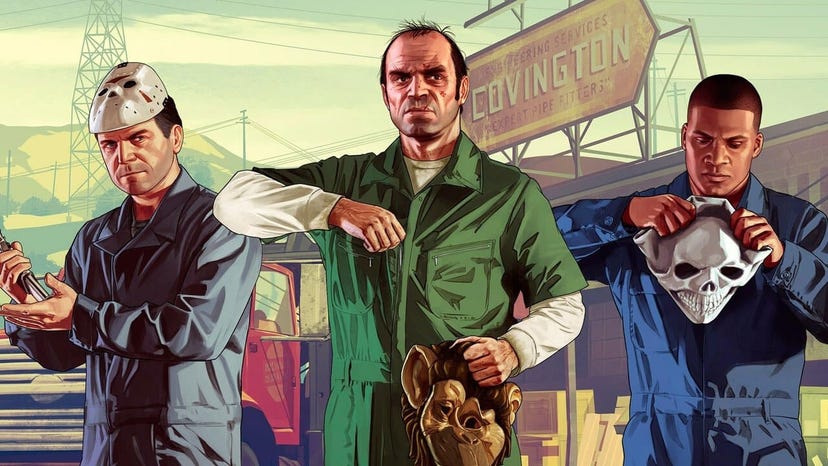 Michael, Trevor, and Franklin in promo art for Rockstar's Grand Theft Auto V.