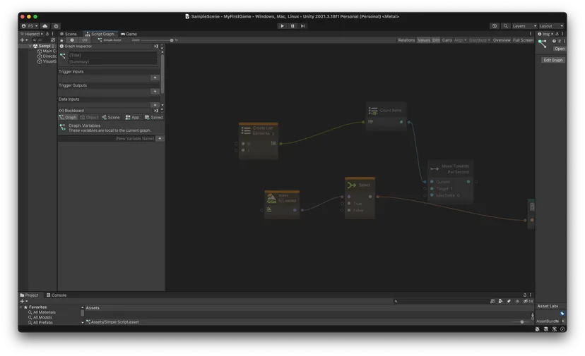 the Unity visual scripting interface, with boxes and nodes