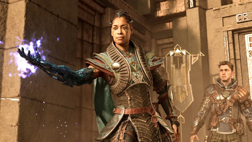 Player character Jak looks surprised as another wizard resembling actor Gina Torres casts a spell.