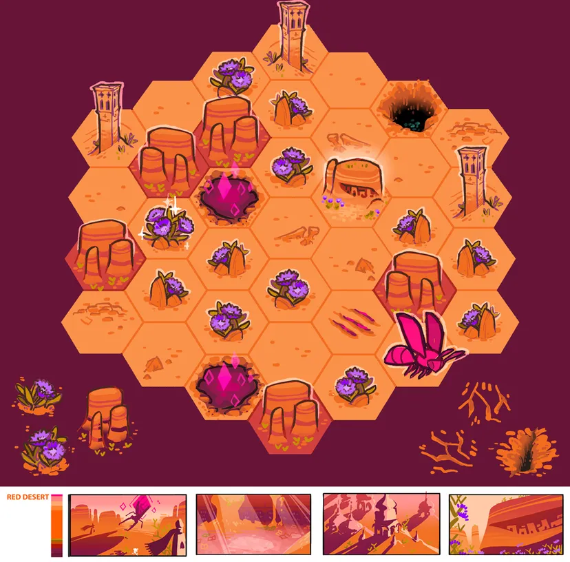 One of many biome sketches, this one with purple desert flowers on some orange desert tiles.
