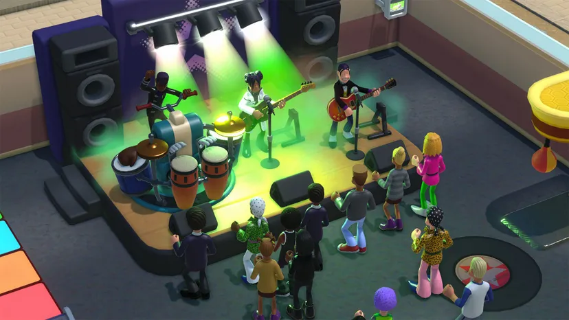 A screenshot from Two Point campus. College students watch a rock band play under green lights.