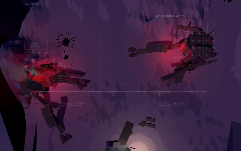 A screenshot from Can Androids Pray. Two wrecked mechs lay in the desert night.