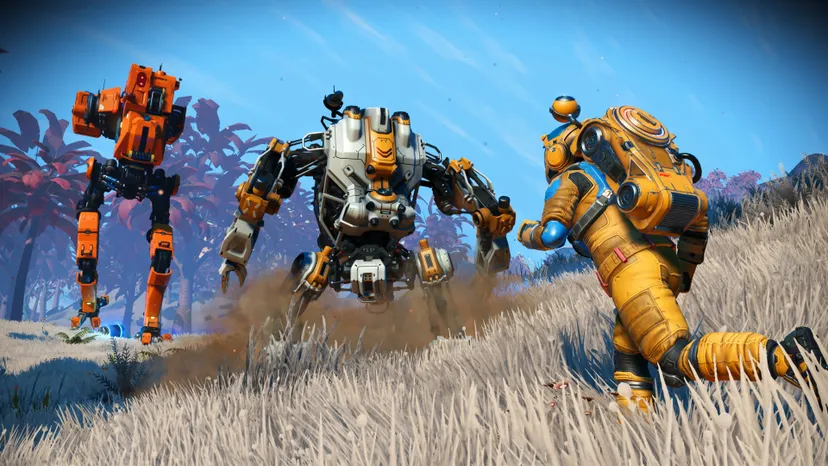 A screenshot of No Man's Sky. The player character runs toward a pair of giant robots on an alien world.