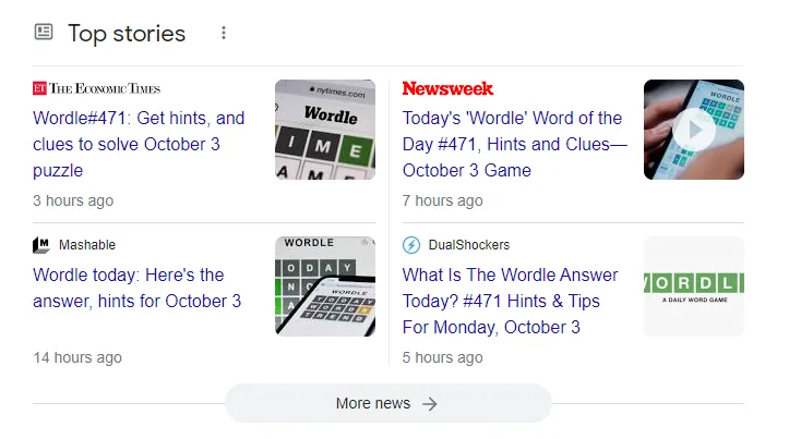 A screenshot of several websites' Wordle tip stories