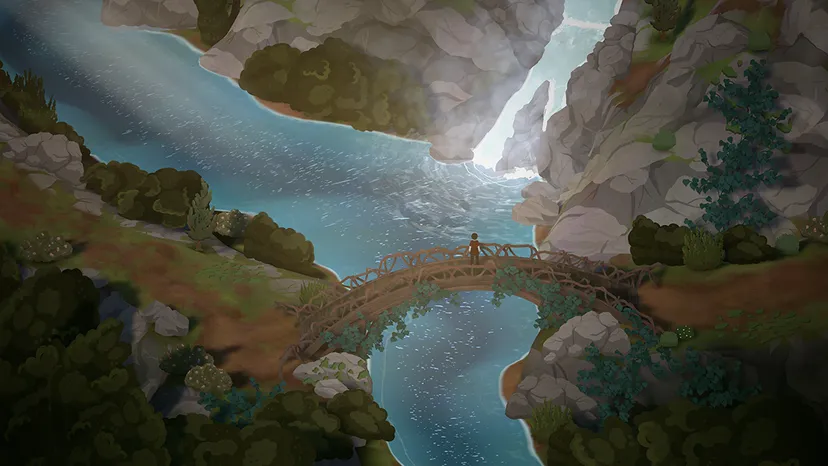 An example of the elevation changes in a screenshot of a character standing on a bridge, overlooking the water and mountains.