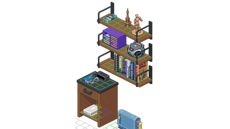 A night stand and bookshelf from Unpacking shown on a white background. A grid on each surface shows how the developers dictated where different objects could and could not be placed.