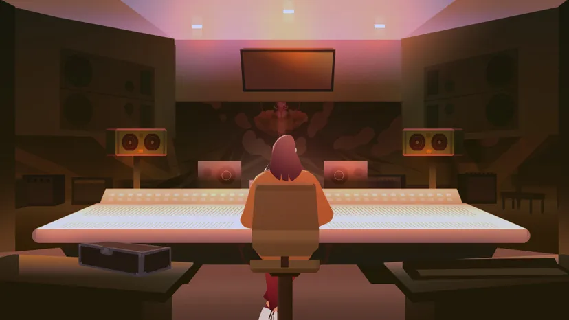 a person sits in a music studio