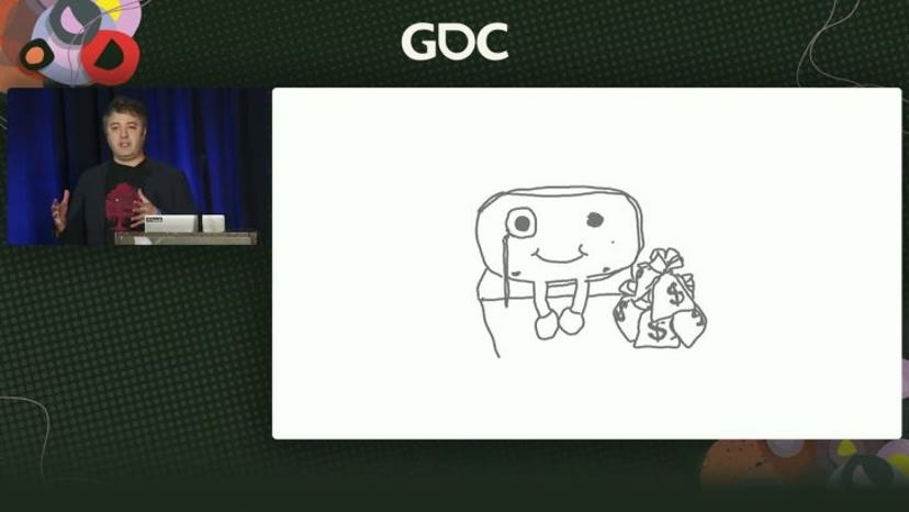 A screenshot from Chris Pruett's GDC 2022 talk. Pruett presents a hand-drawn image of Quest mascot Questy.