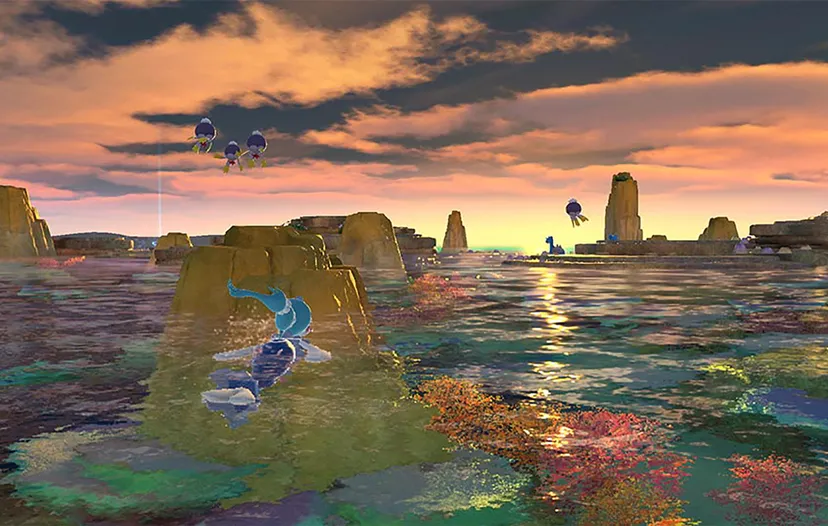 A half dozen Water-type pokemon swim toward the sunset.