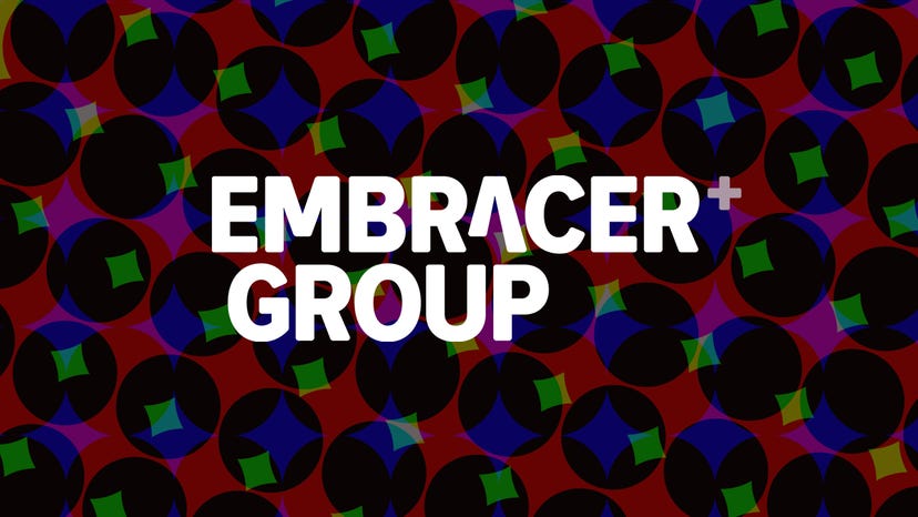 The Embracer logo on a colourful background