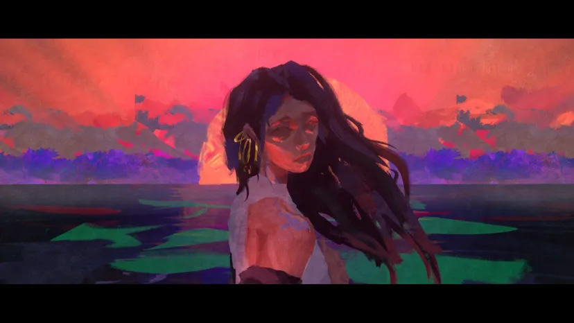A screenshot from Where Birds Go to Sleep. It's a painterly image of a woman looking back against a pink sunset.
