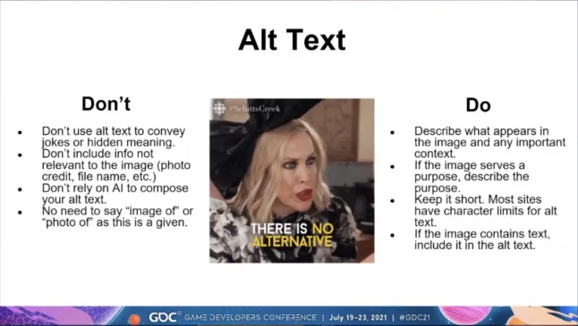 A list of do's and don'ts for writing image alt text, with an image of the character Moira Rose in the center. The Don't column says not to include excessive information or hidden jokes, the do column says to clearly describe content and keep alt text short.