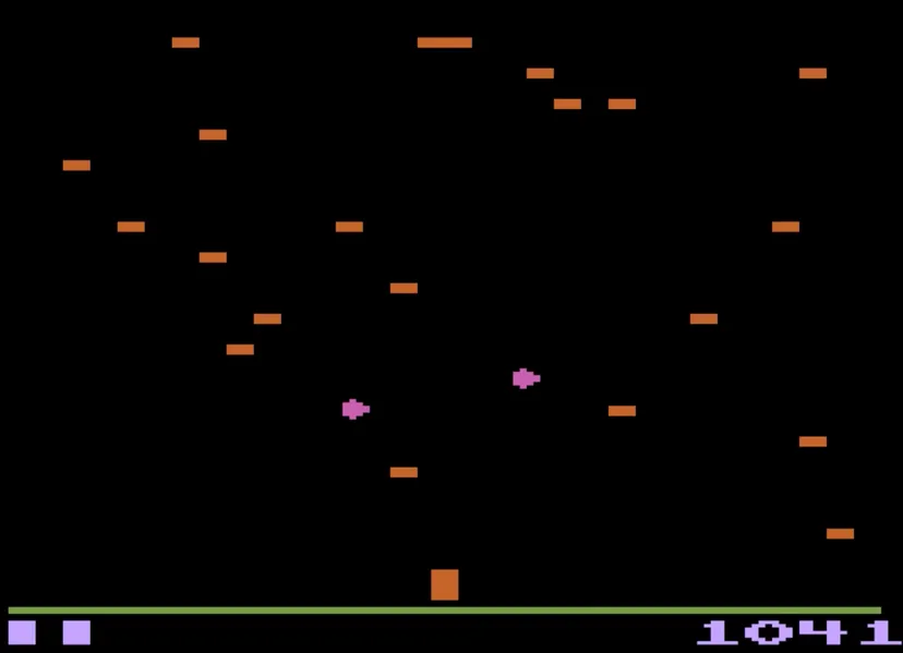 a screenshot from Centipede, showing small pixel bugs