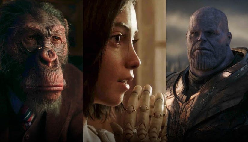 Screenshots of a digitally animated ape, Alita, and Marvel villain Thanos are placed side-by-side