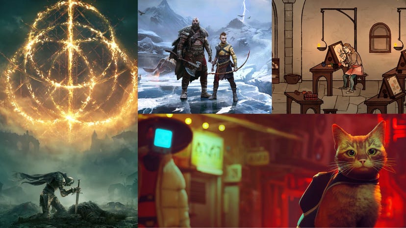 Clockwise from left: Game images of Elden Ring, God of War Ragnarök, Pentiment, and Stray.
