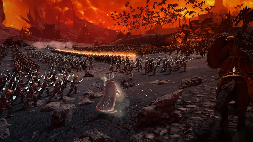 An army advances at a enemy fortress in a firey landscape.