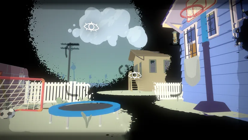 A screenshot of a backyard, complete with trampoline, soccer net, and basketball hoop. Two eye-shaped symbols denote interactiable objects.