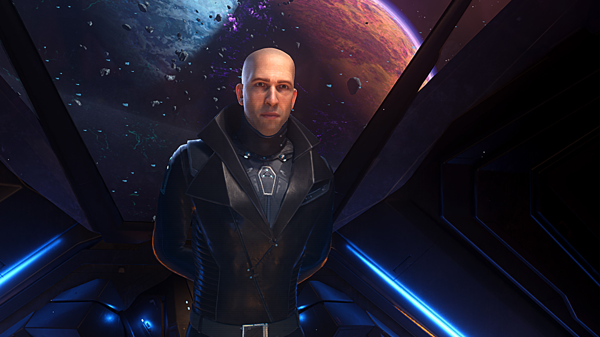 A character in Hubris stood in front of a space vista