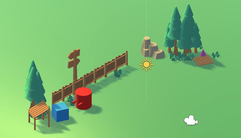 A simple scene in Unity with a player and objects on a bright green field