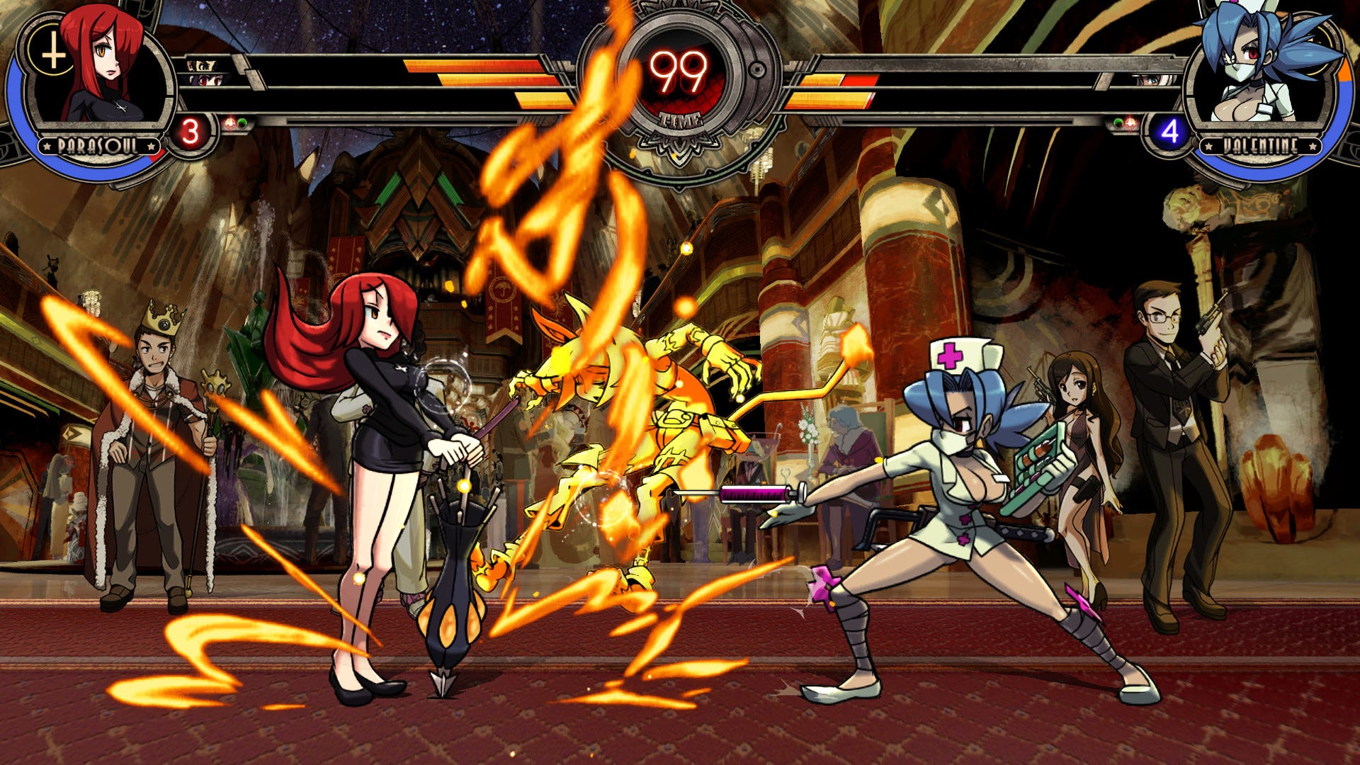 A screenshot form Skullgirls. Two women face off in a cartoon fighting game.