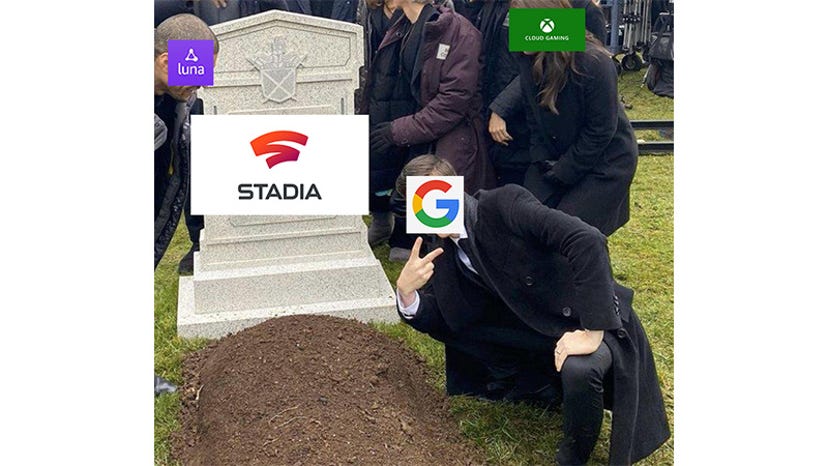 The Google Stadia logo on a gravestone, and a man with a Google logo on his head waving at the camera.