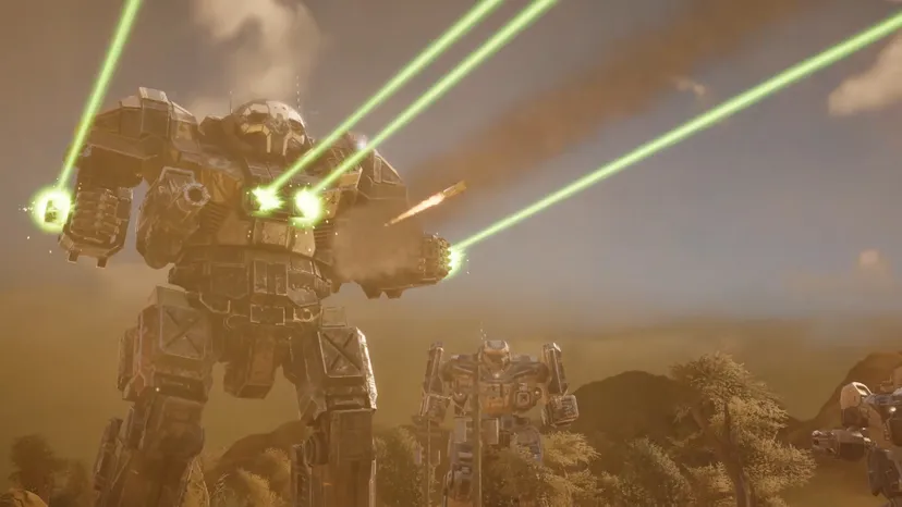 A screenshot from Battletech. A charging mech fires four green lasers.