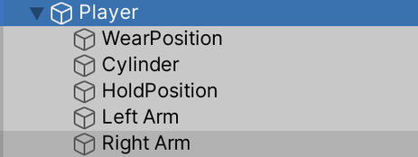 The final hierarchy of objects, contained in an empty Parent GameObject called “Player”.