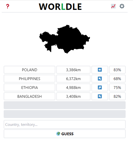 A game of Worldle in progress.
