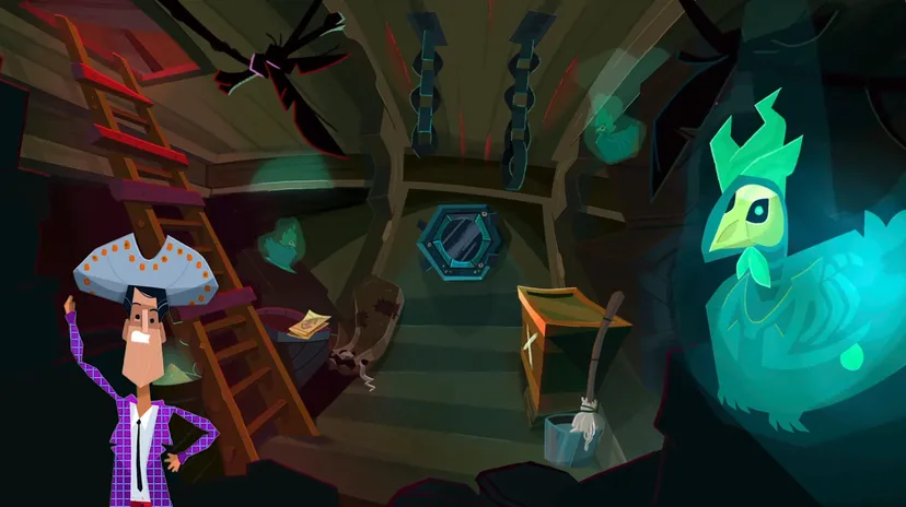 A screenshot from a recent Return to Monkey Island trailer, where Stan's jacket, and its new shader, can be seen in action. On the right, an example of the game's particle effects, a source of pride for Gilbert and Grossman.