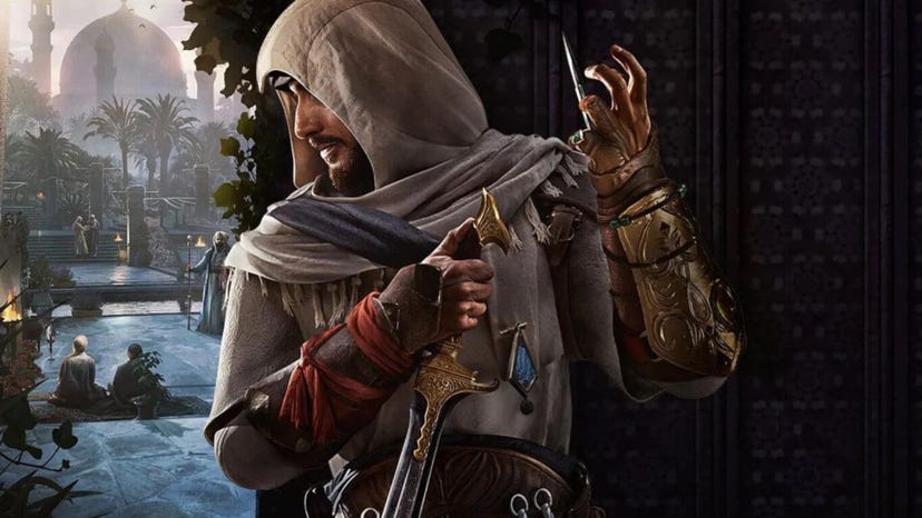 Key art for Ubisoft's Assassin's Creed Mirage, showing Basim hiding behind a corner.