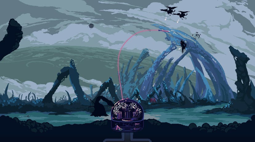 screenshot from Dome Keeper showing a dome in space with menacing aliens