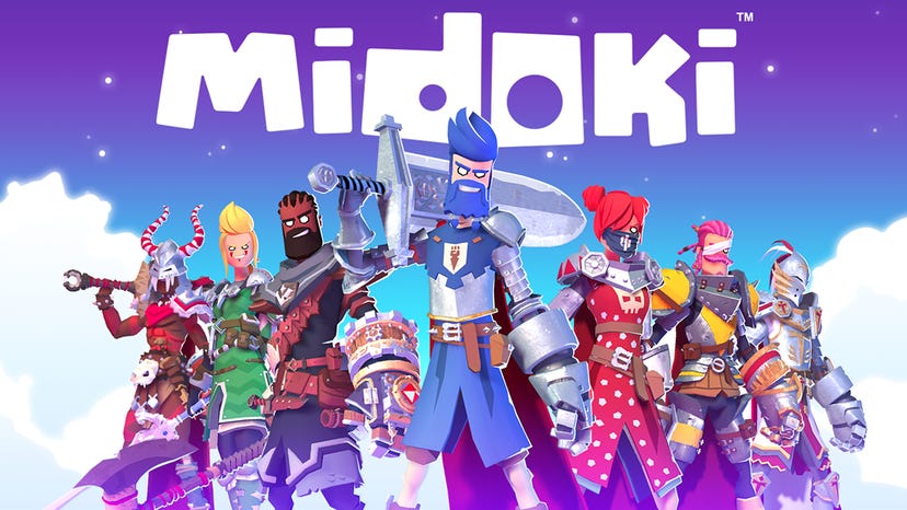 The Midoki logo emblazoned on artwork for Knighthood featuring a vibrant cast of medieval characters