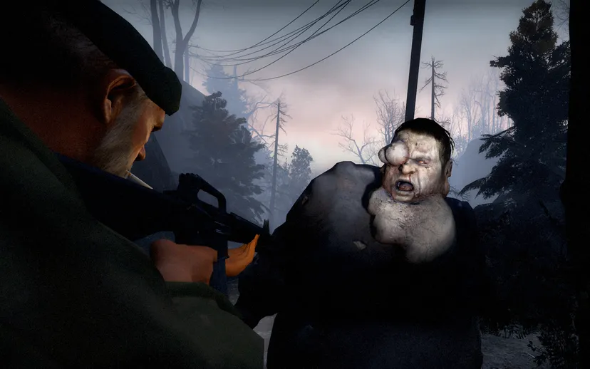 Left 4 Dead character Bill stares down a fat zombie.