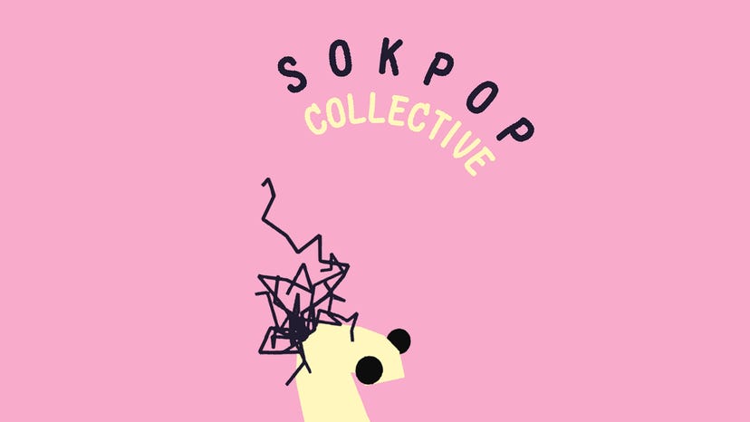 Sokpop Collective branding featuring a hurriedly drawn sock puppet