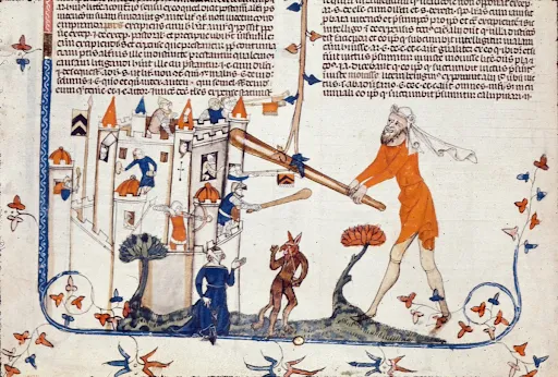Marginalia of a tall, castle-sized man attacking a busy castle with a bat-like object.