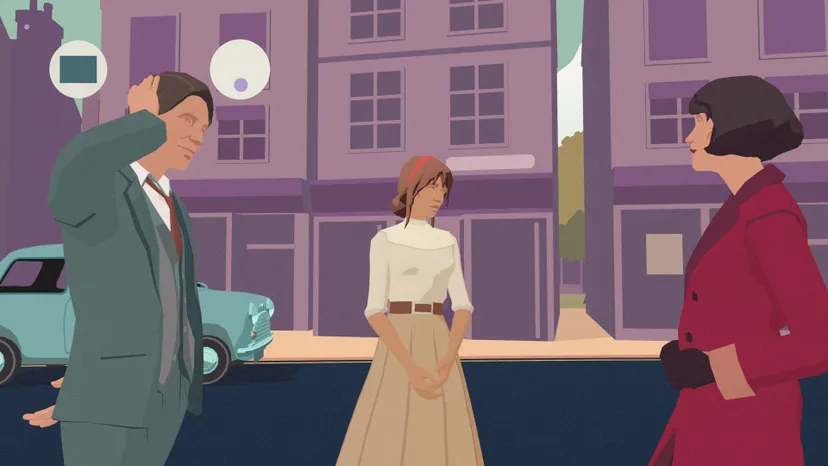 three characters stand on a city street