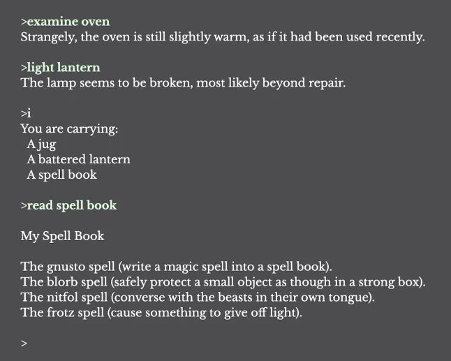 Screenshot from Infocom's Enchanter, demonstrating an example of parser interactive fiction, with commands like 'examine oven,' 'light lantern,' 'inventory,' and 'read spell book.'